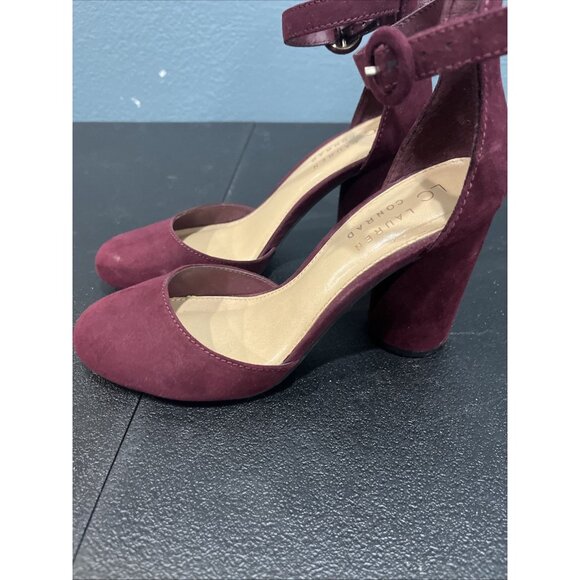 LAUREN CONRAD HIGH HEEL SUEDE SHOES 6.5 BURGUNDY Ankle Strap Formal Bridesmaid - Picture 3 of 6